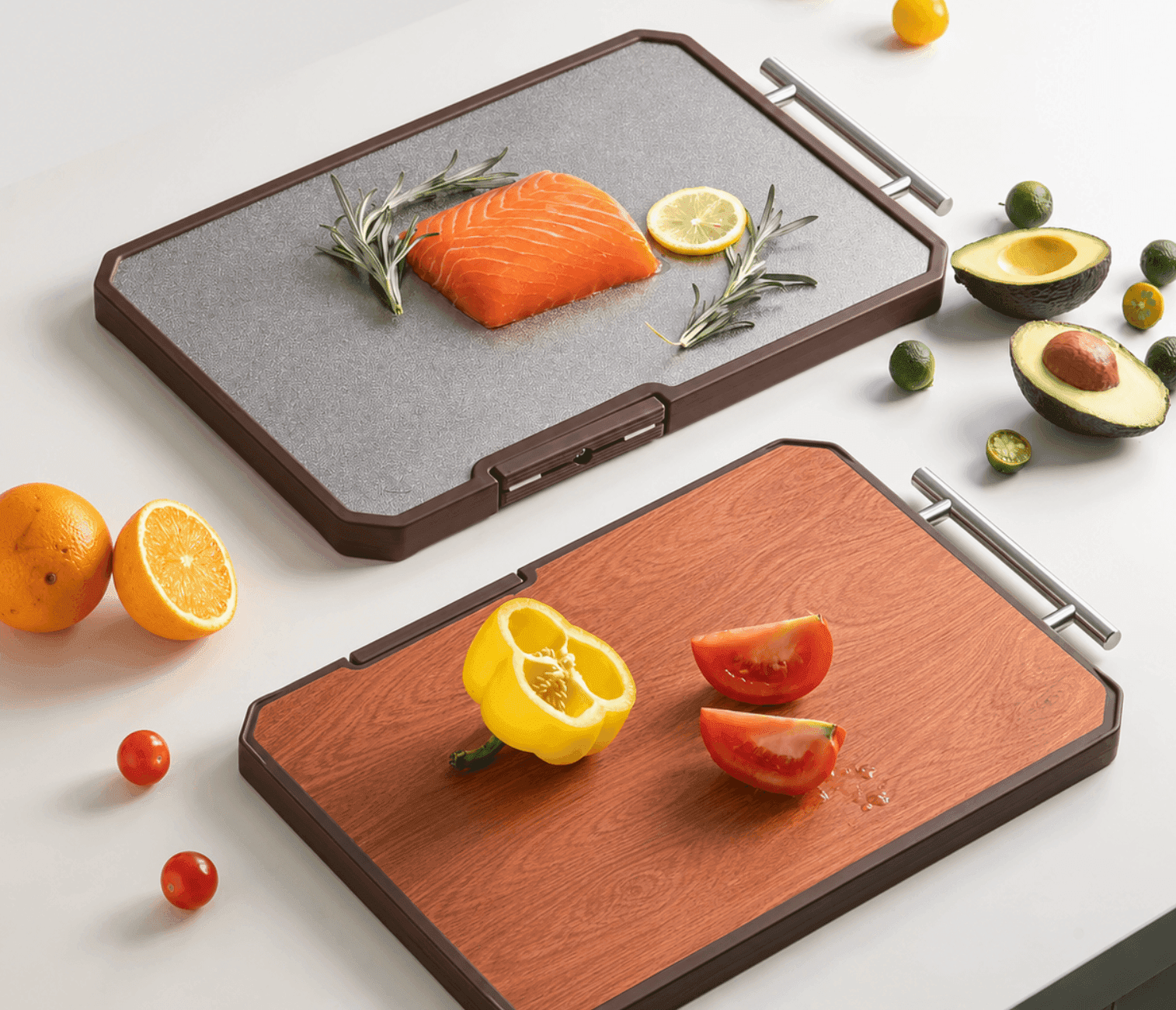 Titanium and Acacia Wood Cutting Board — metal surface