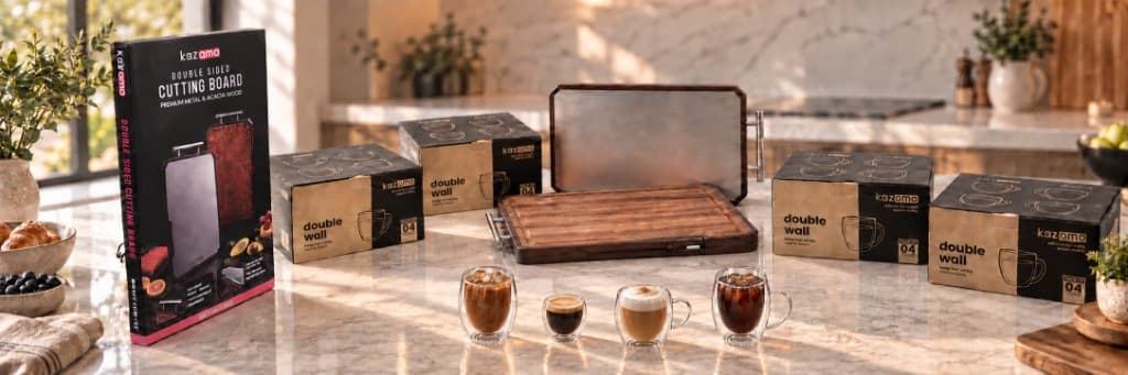 Kazomo coffee cups and dual-surface cutting boards on a kitchen counter