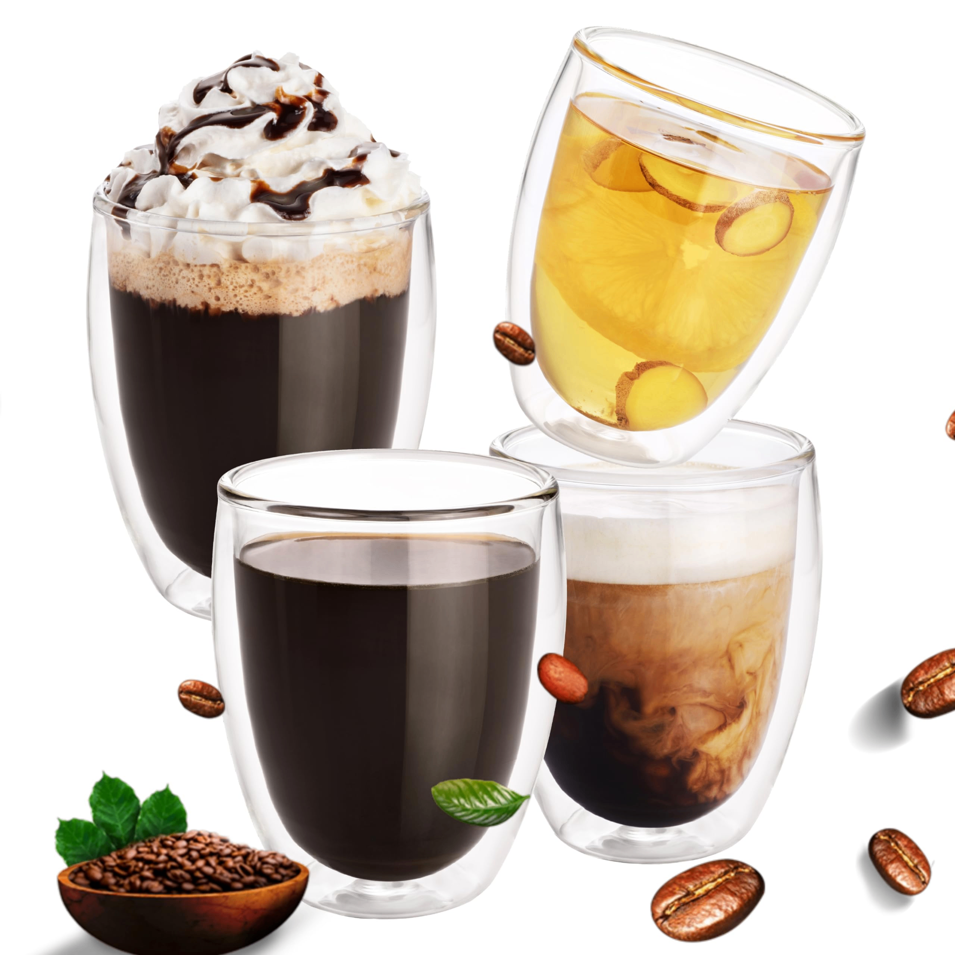 Double Wall Glass Coffee Cups — 250ml with Handle (Set of 4)